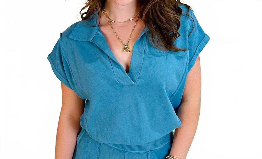 NEW PROJECT SOCIAL T mixed texture collared top in alpine blue
